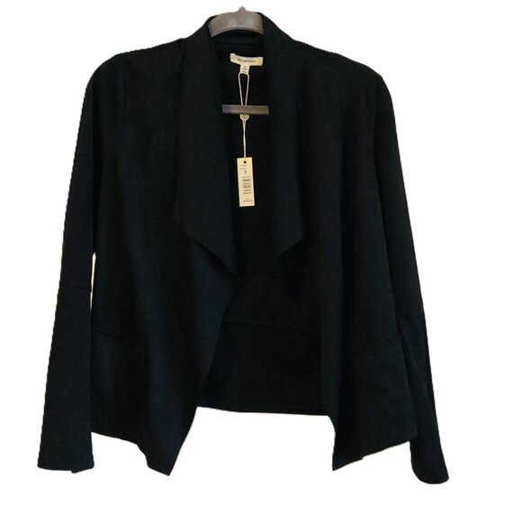 Max Studio Faux Suede Open Front Draped Jacket Black Size S Pocket Stretchy - Picture 1 of 15